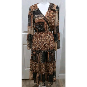 Miss Me Patchwork Brown & Black Midi Dress Size M Paisley Boho Western Flowy